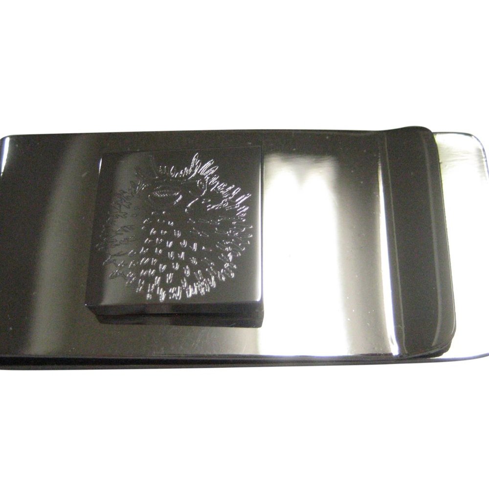 Silver Toned Square Etched Spikey Puffer Fish Fugu Blowfish Money Clip